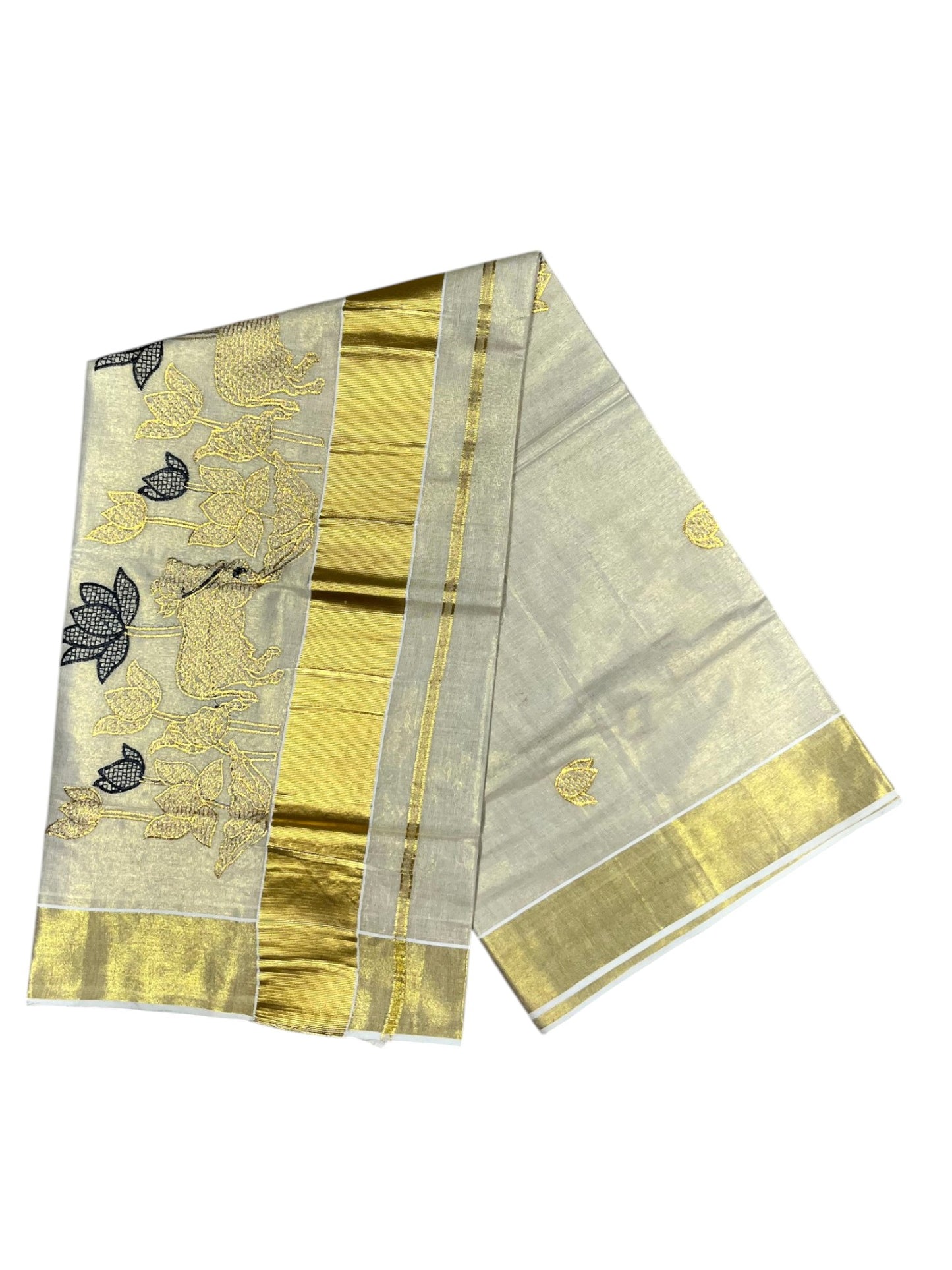 Southloom Tissue Kerala Kasavu Saree with Black & Golden Embroidery Works