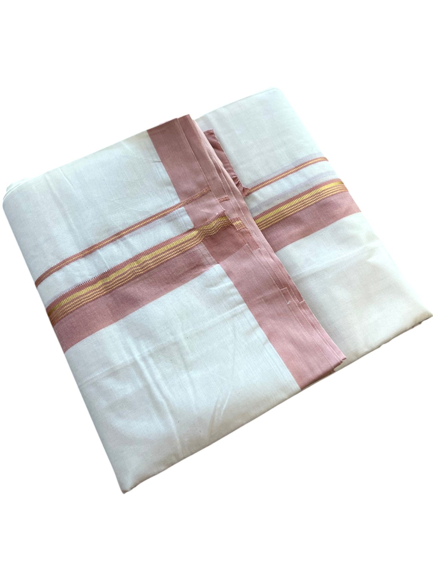 Southloom Pure Cotton Mundu with Golden Lines and Peach Border (South Indian Kerala Dhoti)