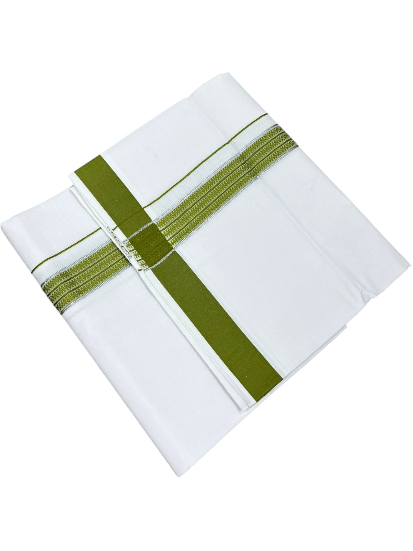 Southloom Pure White Cotton Single Mundu with Silver Line & Olive Green Border (South Indian Kerala Dhoti)