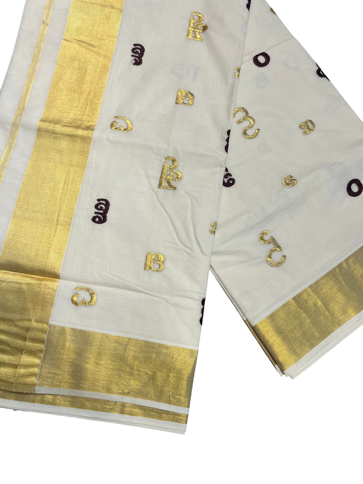Southloom Kerala Cotton Kasavu Saree with Gold and Brown Malayalam Aksharamala Embroidery Work on Body