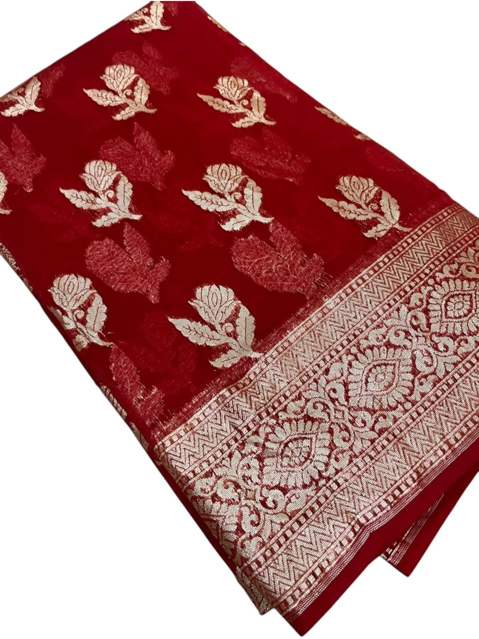 Southloom Cotton Banarasi Silk Saree with Woven Work on Body and Borders (Red)