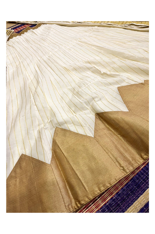Semi Stitched Premium Cotton Dhavani Set with Kasavu Lines Designs on Body