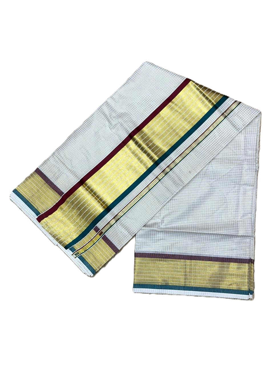 Southloom Kerala Cotton Kasavu Saree with Micro Check Design on Body in Peacock Green & Maroon Border SL451