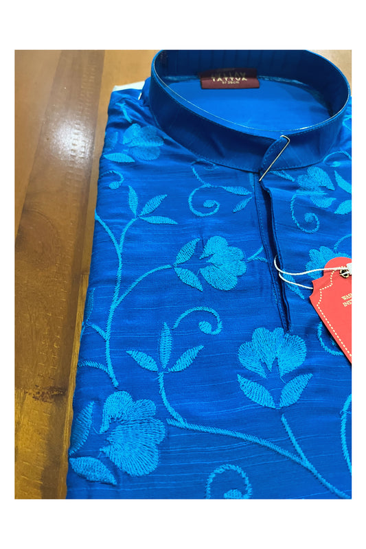 Southloom Blue Floral Woven Semi Silk Short Kurta for Men