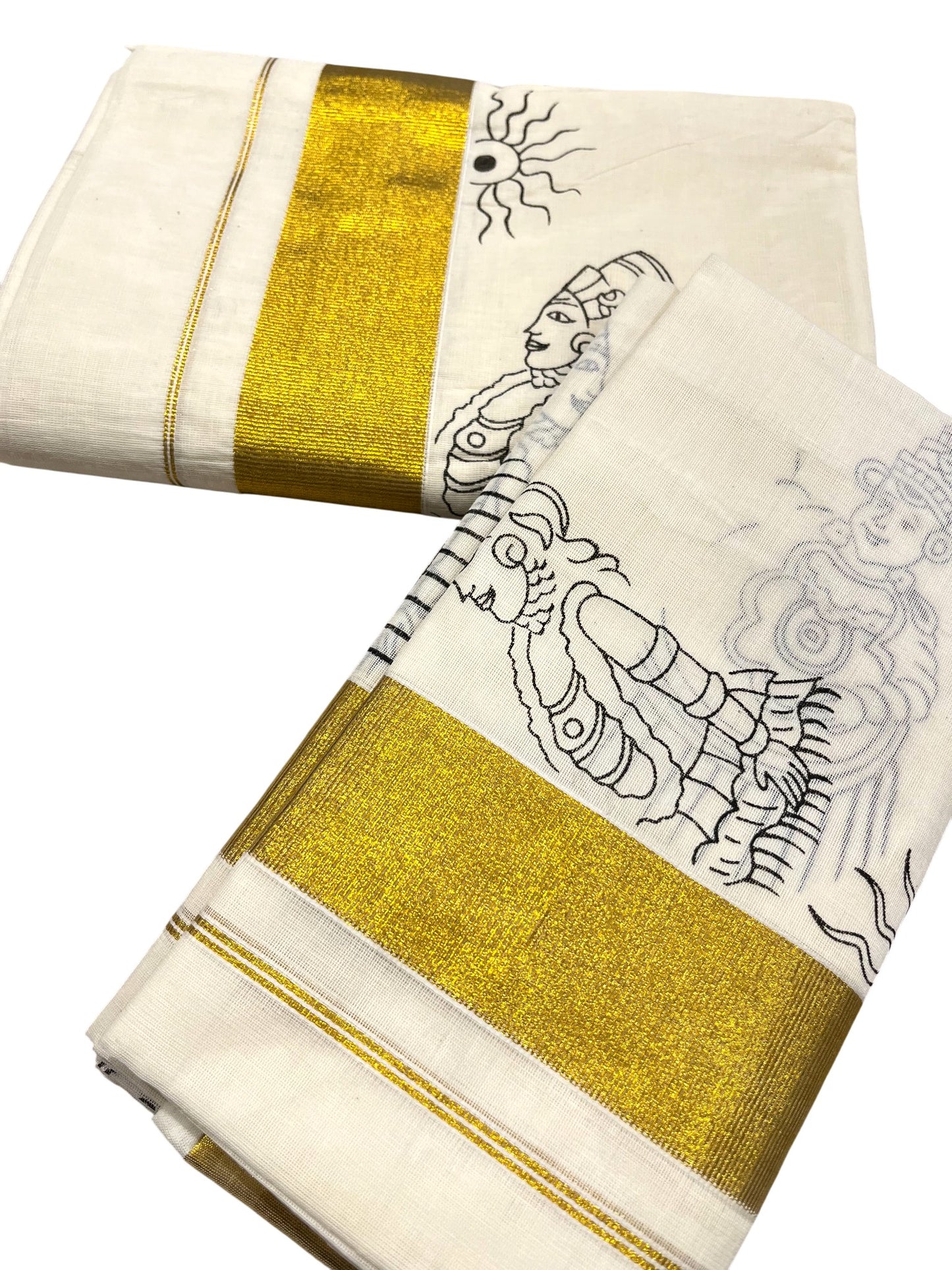 Southloom Kerala Cotton Set Mundu (Mundum Neriyathum) with Kadhakali Printed Design
