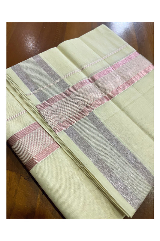 Pure Cotton Kerala Double Mundu with Rose Copper Kasavu Border (South Indian Kerala Dhoti)