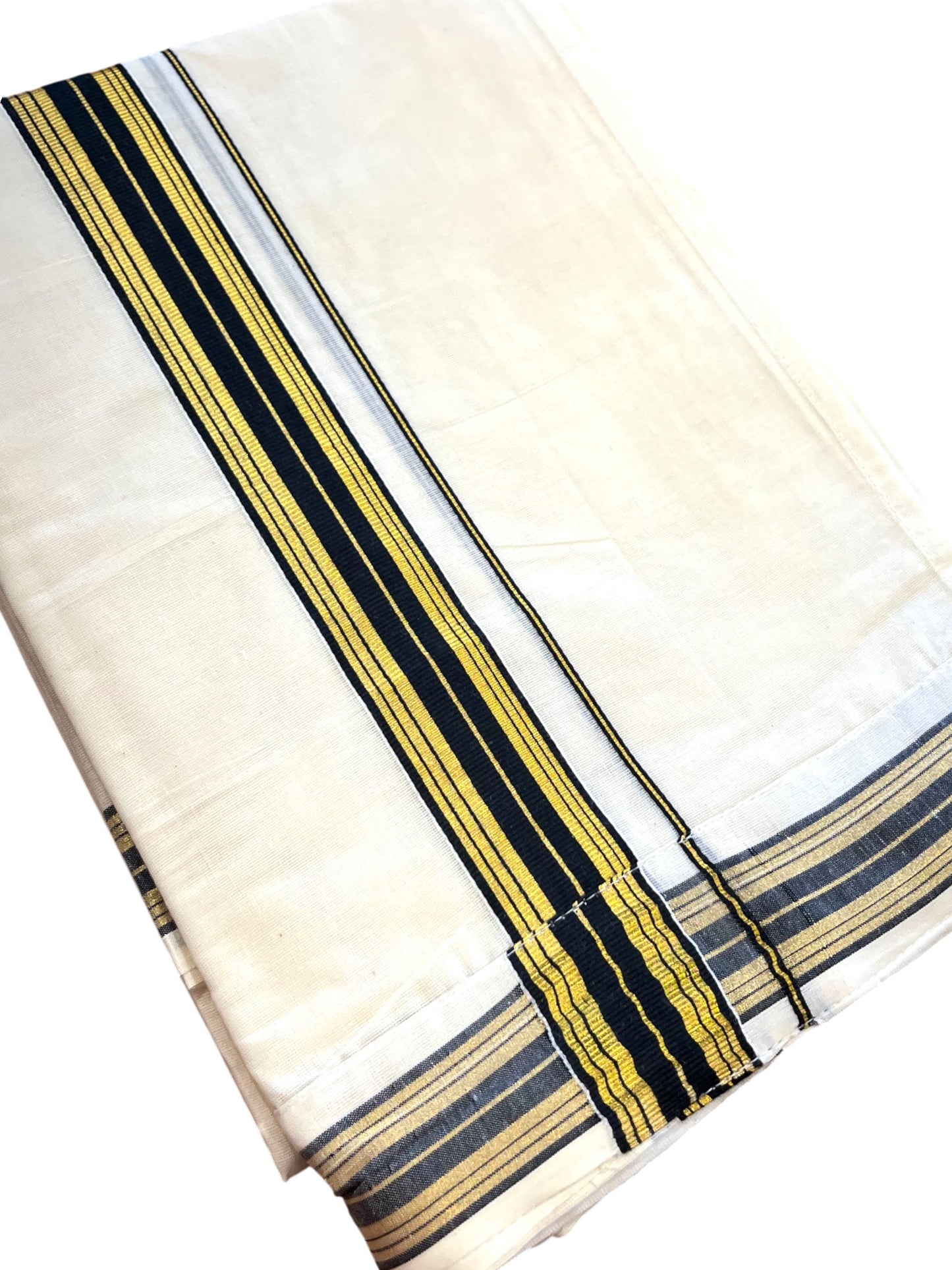 Southloom Off White Pure Cotton VELCRO Single Mundu with Gold Kasavu and Black Border (South Indian Kerala Dhoti)