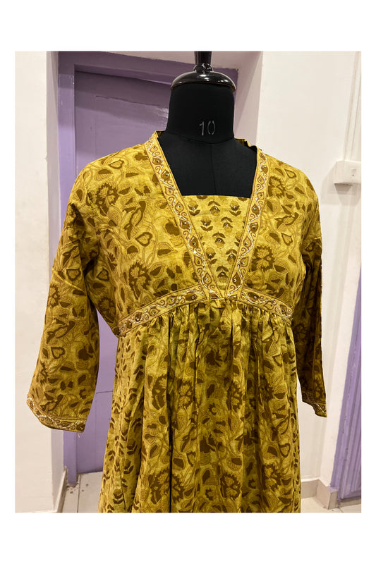 Southloom Stitched Cotton Kurti in Mustard Yellow Printed Designs