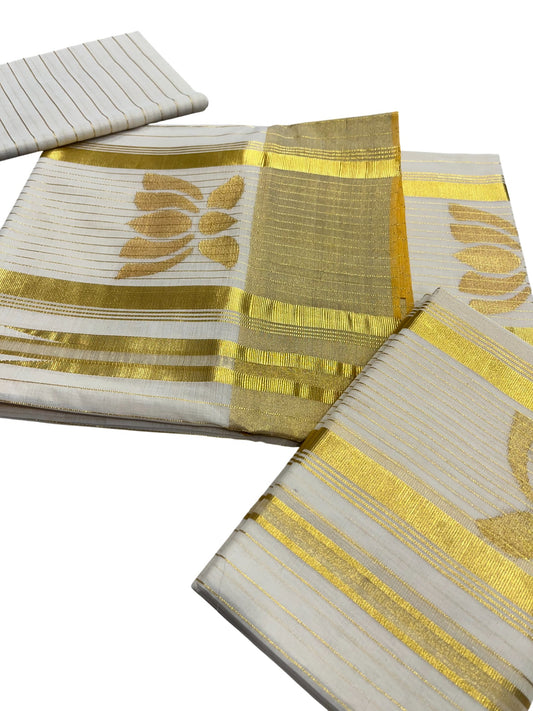 Southloom Super Premium Balaramapuram Handloom Pure Cotton Unakkupaavu Lotus Design Wedding Pudava Set Mundu