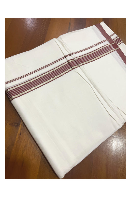 Pure White Kerala Double Mundu with Silver Kasavu and Maroon Kara (South Indian Kerala Dhoti)