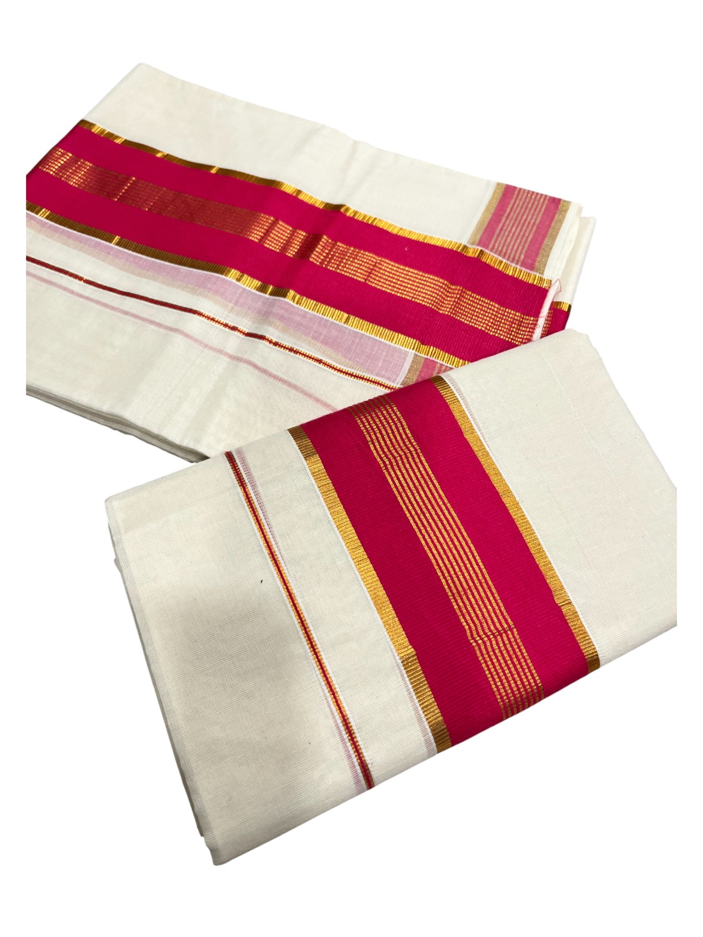 Kerala Cotton Set Mundu (Mundum Neriyathum) with Kasavu and Red Border