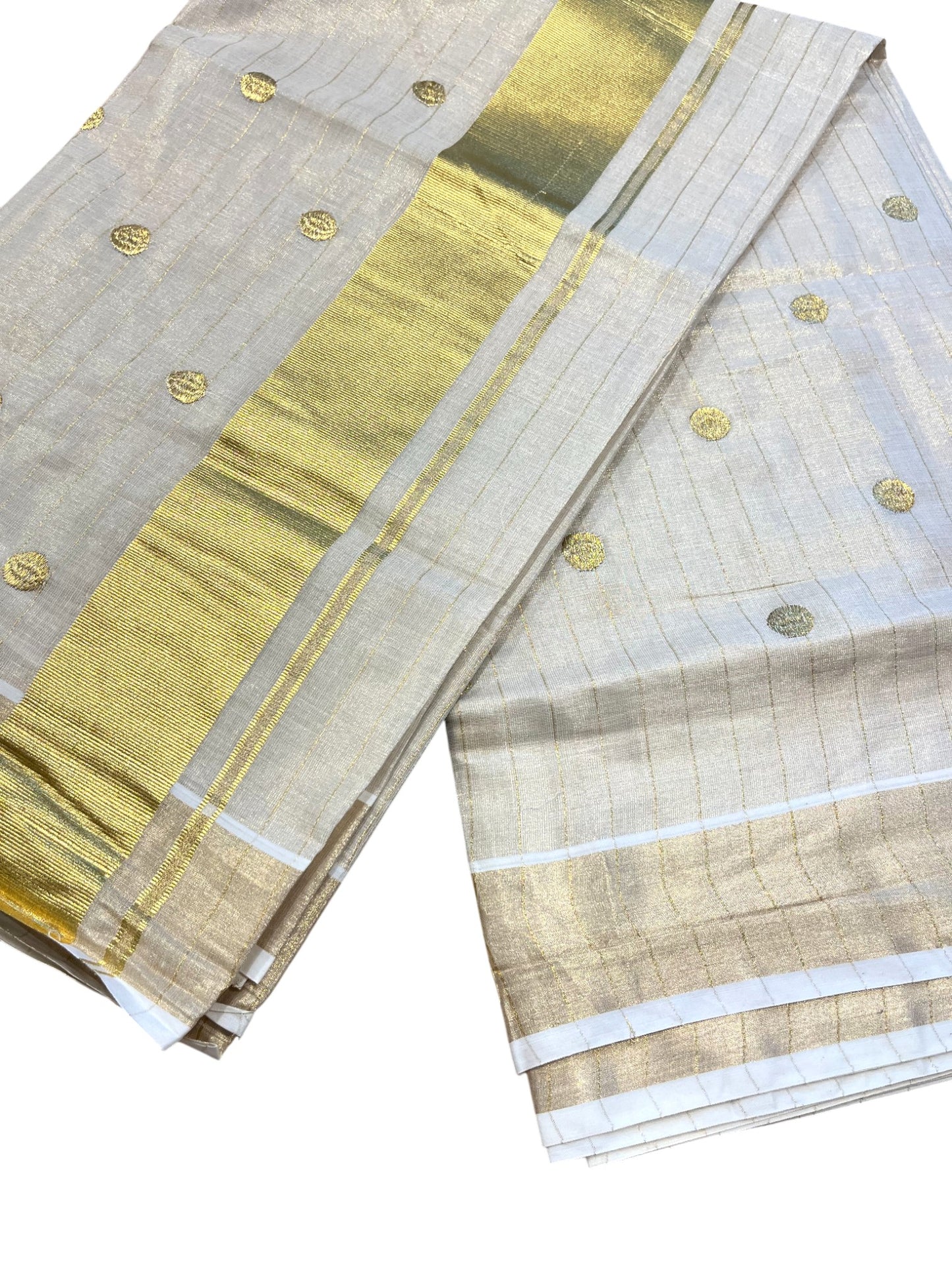 Southloom Kerala Tissue Kasavu Stripes Saree with Polka Embroidery Works Across Body