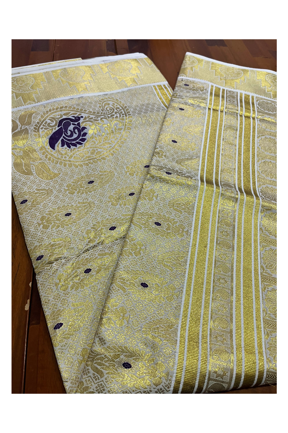 Kerala Pure Cotton Heavy Woven Work Kasavu Saree with Violet Peacock Works