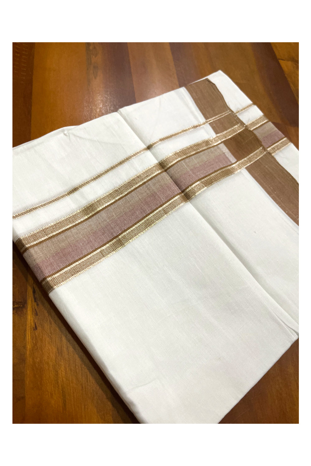 Pure White Cotton Kerala Double Mundu with Brown and Silver Kasavu Border (South Indian Kerala Dhoti)