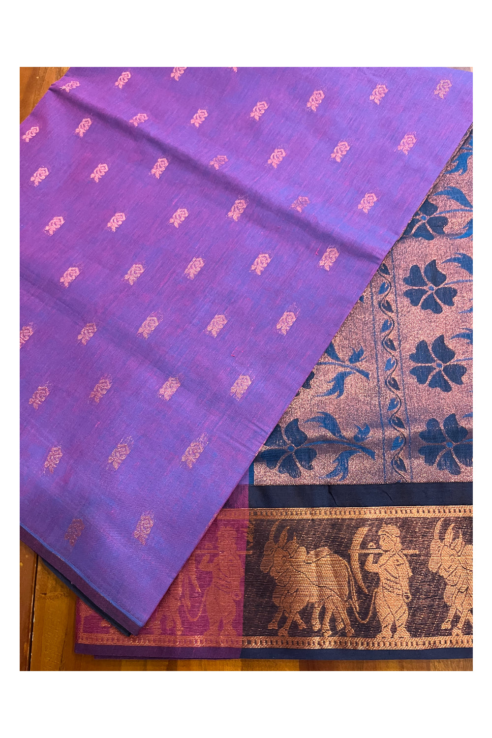 Southloom Cotton Violet Saree with Kasavu Woven Butta Works on Body  and Pallu