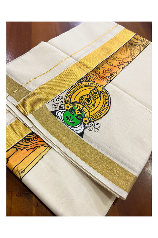 Pure Cotton Kerala Double Mundu with Kathakali Hand Painted Designs on Kasavu Border (Vishu Collection 2024)