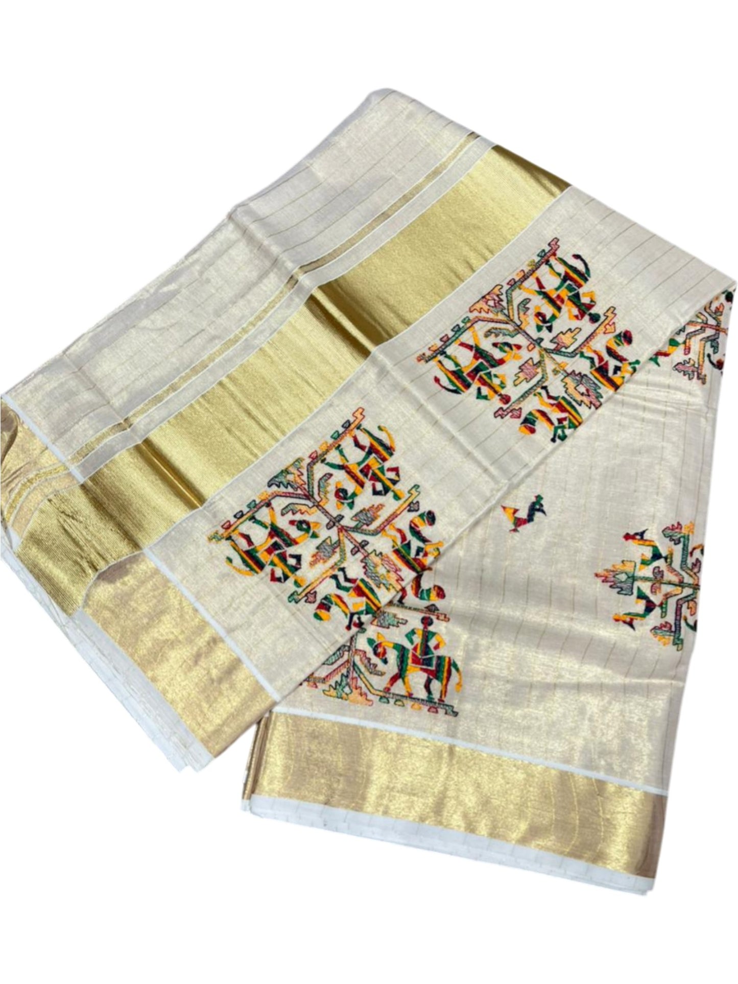 Southloom Tissue Kerala Kasavu Lines Saree with Kantha Embroidery Work on Body