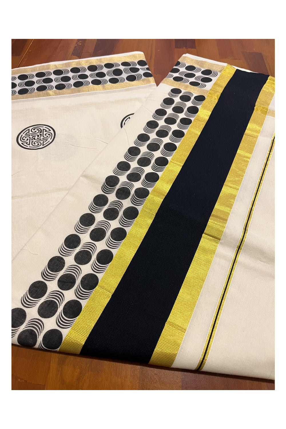 Pure Cotton Kerala Saree with Black Block Printed Kasavu Border