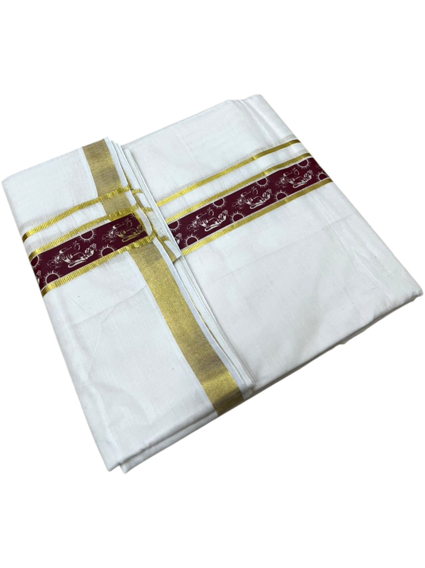 Southloom Pure Cotton Double Mundu with Maroon Block Printed And Ksavu Border (South Indian Kerala Dhoti)