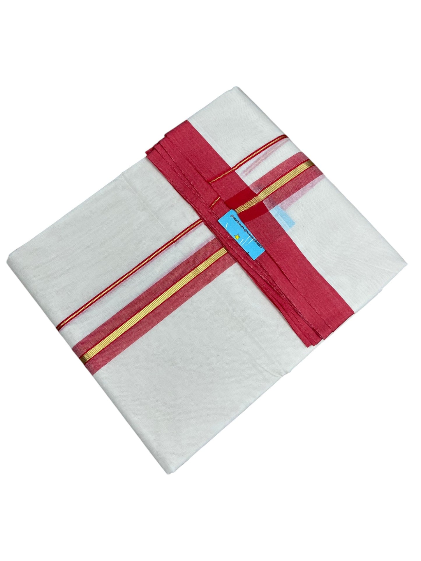 Southloom Pure Cotton Mundu with Gold Lines and Red Border (South Indian Kerala Dhoti)