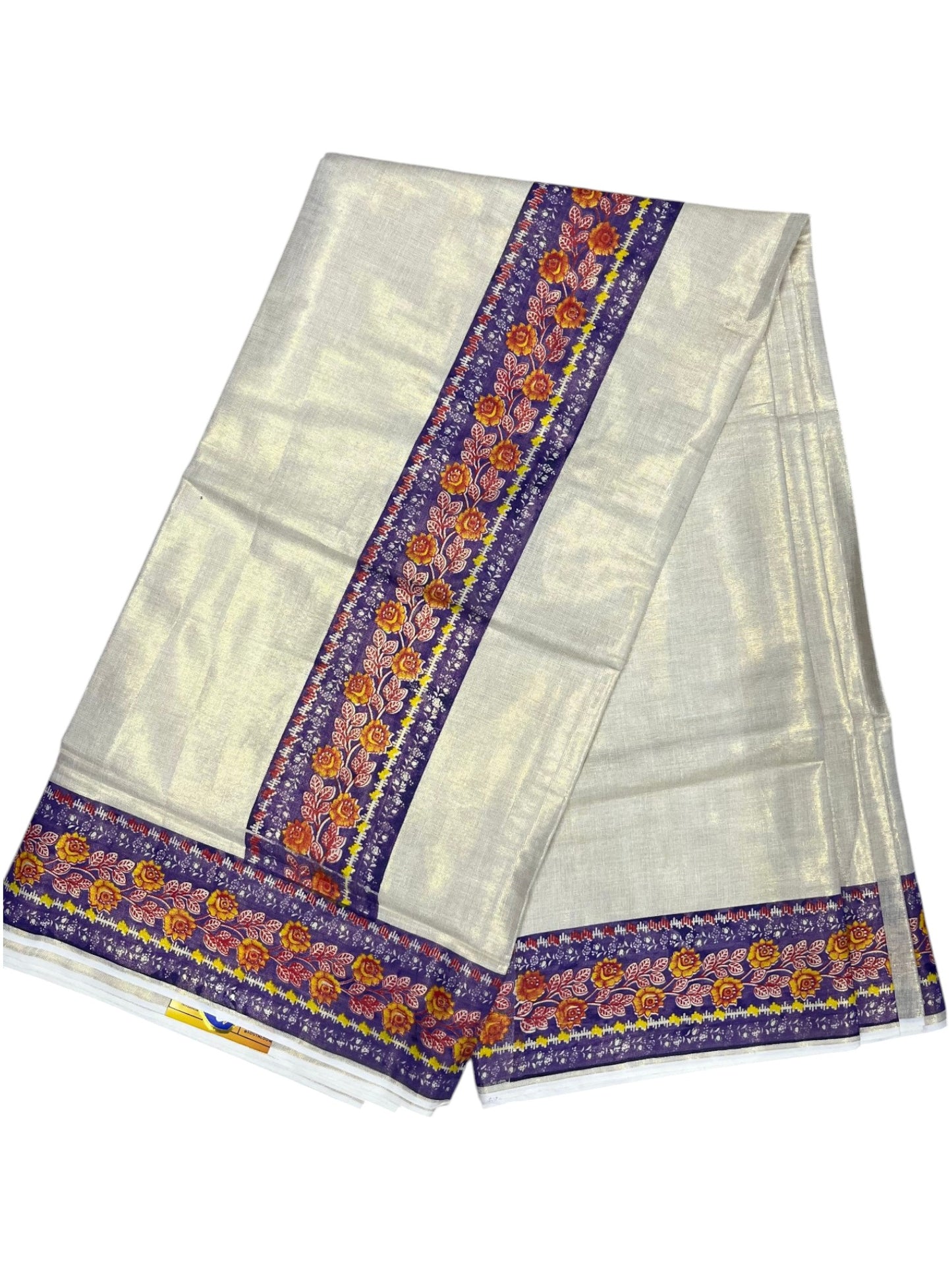 Southloom Kerala Tissue Plain Saree With Floral Digital Prints on Borders