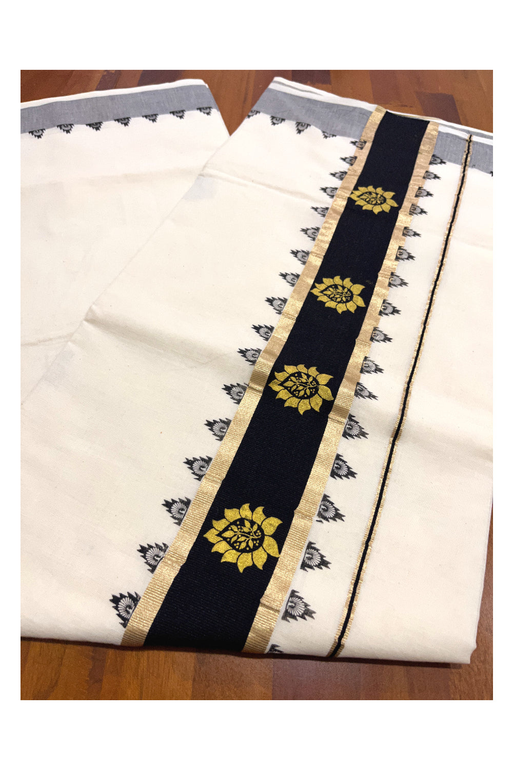 Pure Cotton Kerala Kasavu Saree with Black Floral Block Printed Design