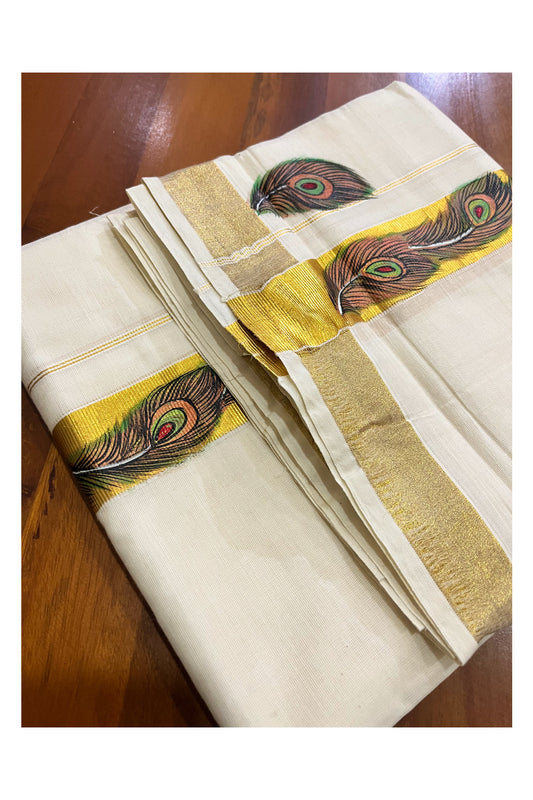 Off White Kerala Cotton Double Mundu with Mural Hand Painted Designs on Kasavu Border (South Indian Kerala Dhoti)