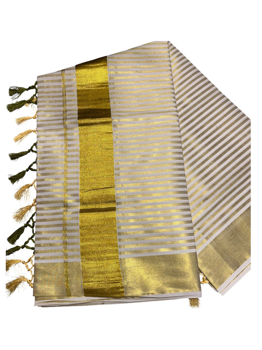 Southloom Kerala Cotton Kasavu Saree with Stripes on Body