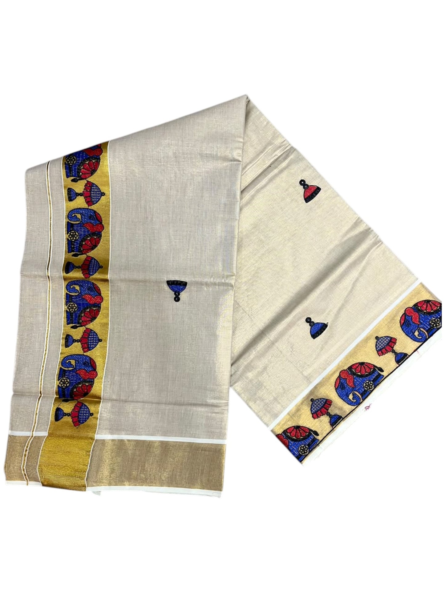 Southloom Tissue Kerala Kasavu Saree with Elephant Embroidery Design