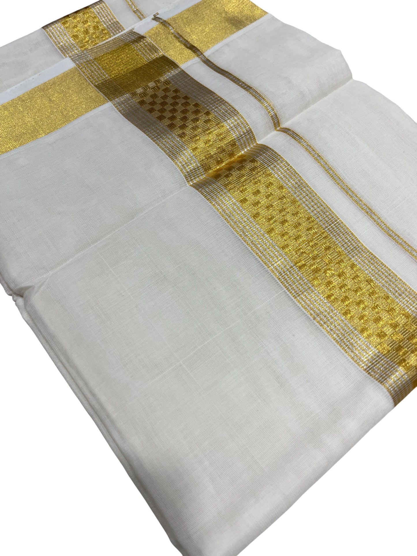 Southloom Premium Handloom Cotton Double Mundu with Gold Paaya Neythu And Silver Gold  Lines Kasavu Border
