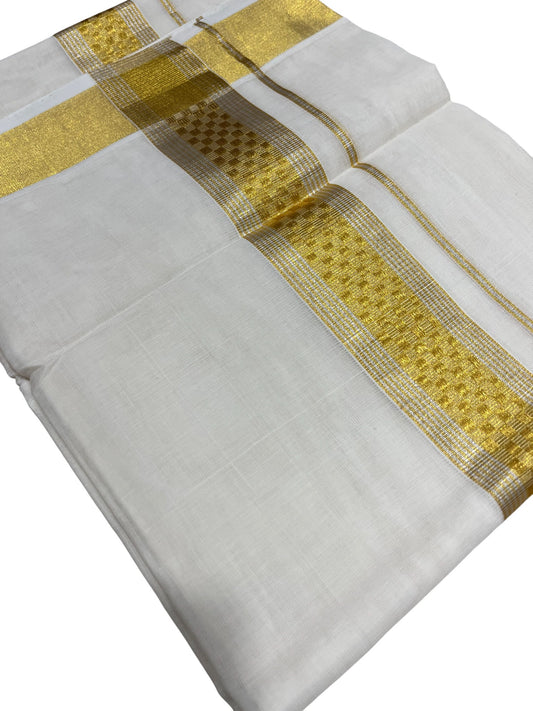 Southloom Premium Handloom Cotton Double Mundu with Gold Paaya Neythu And Silver Gold  Lines Kasavu Border