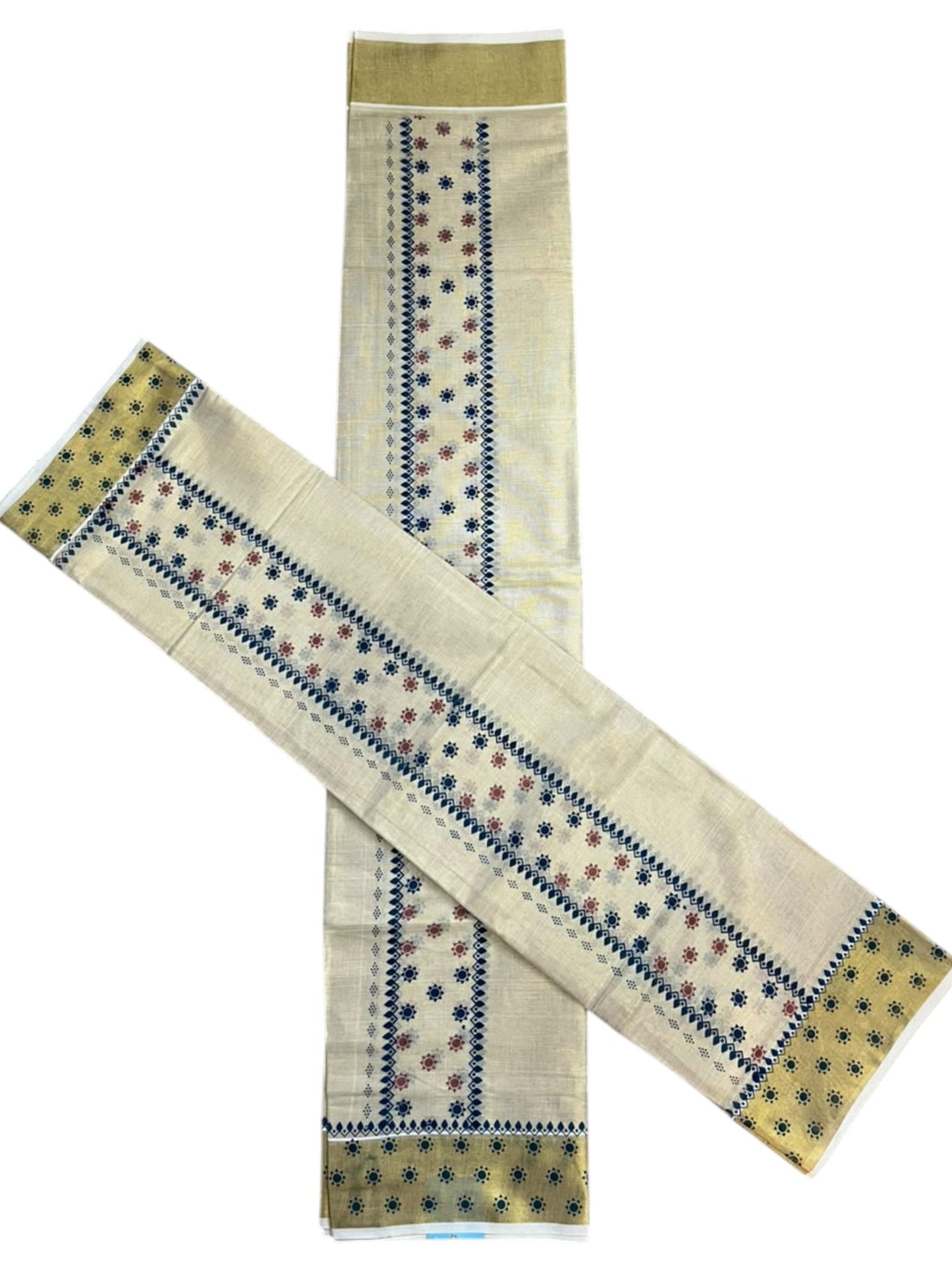 Southloom Kerala Tissue Set Mundu (Mundum Neriyathum) with Blue & Brown Floral Prints on Border-2.80Mtrs SL625