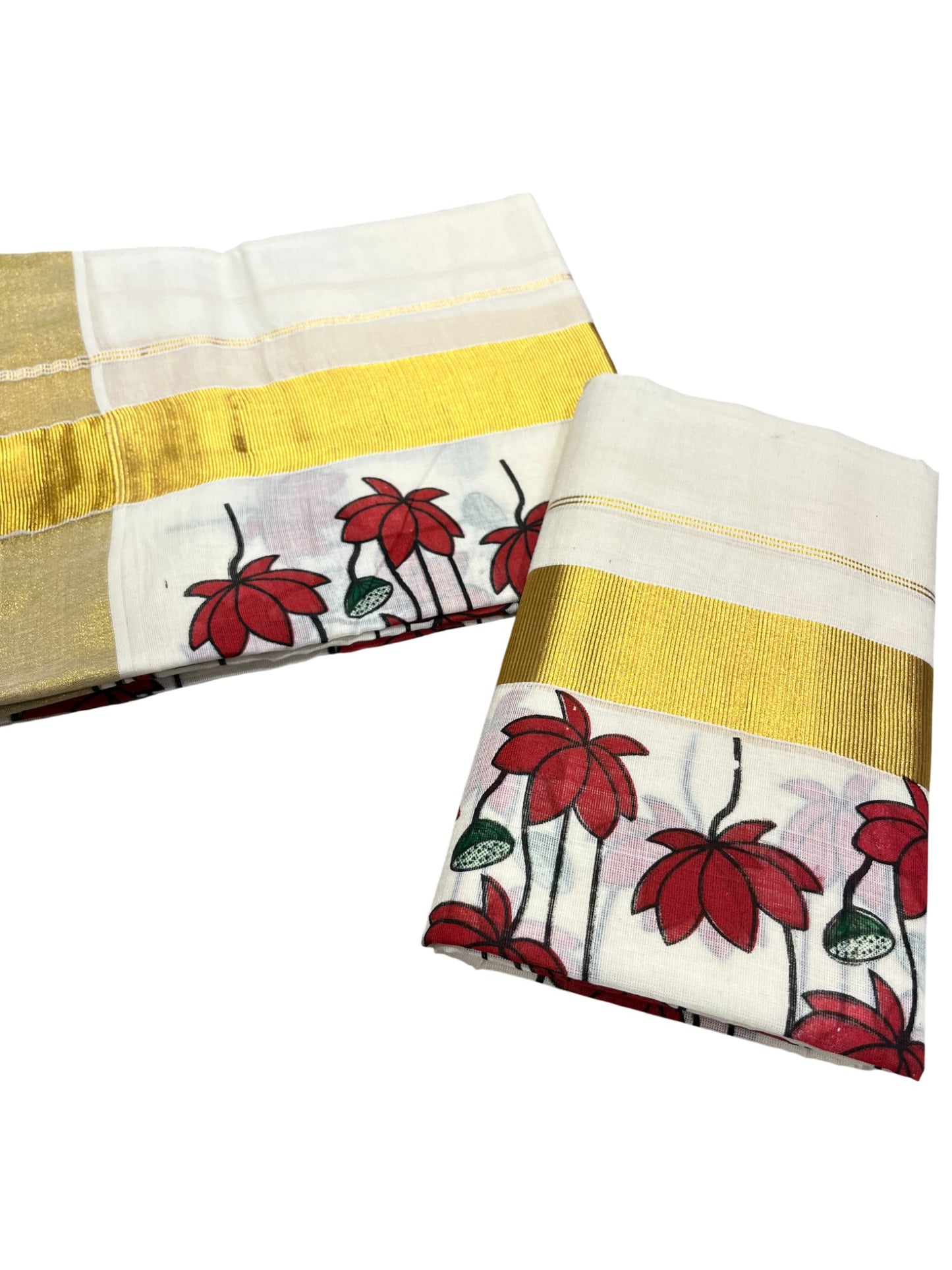 Southloom Kerala Cotton  Set Mundu (Mundum Neriyathum) with Maroon Floral Block Printed Design 2.80Mtrs