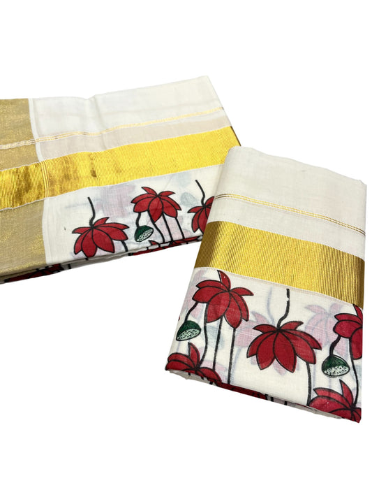 Southloom Kerala Cotton  Set Mundu (Mundum Neriyathum) with Maroon Floral Block Printed Design 2.80Mtrs