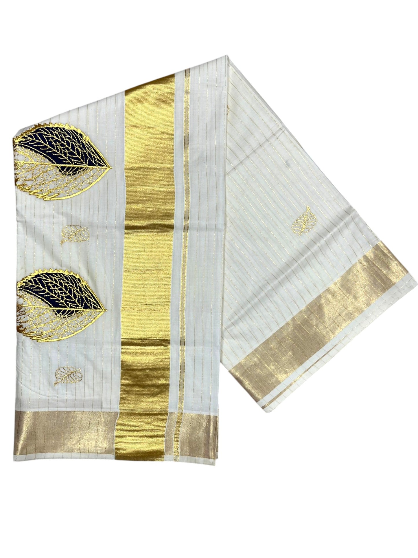 Southloom Kerala  Kasavu Lines Saree with High Quality Embroidery Work in Kasavu and Blue