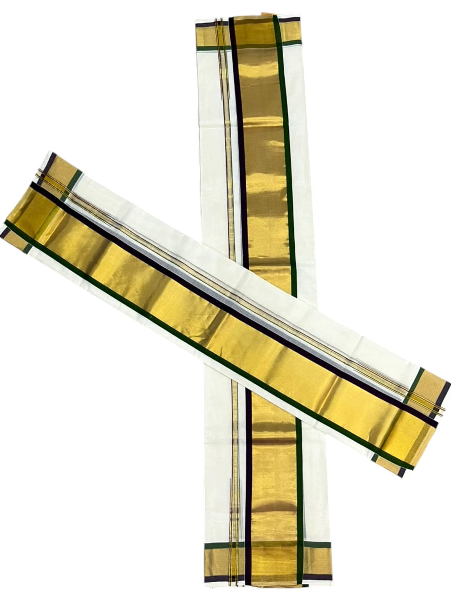 Southloom Premium Handloom Set Mundu with Purple & Olive Green Border and Kasavu Lines Across Body 2.80 Mtrs