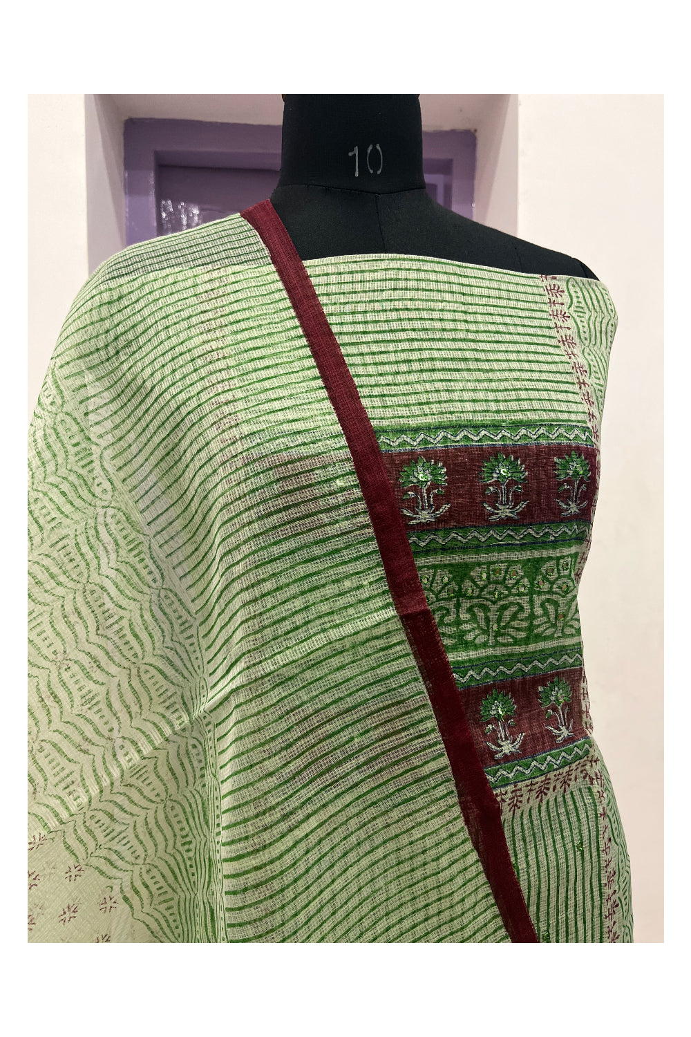 Southloom™ Kota Fabric Churidar Salwar Suit Material in Green with Maroon Bottom