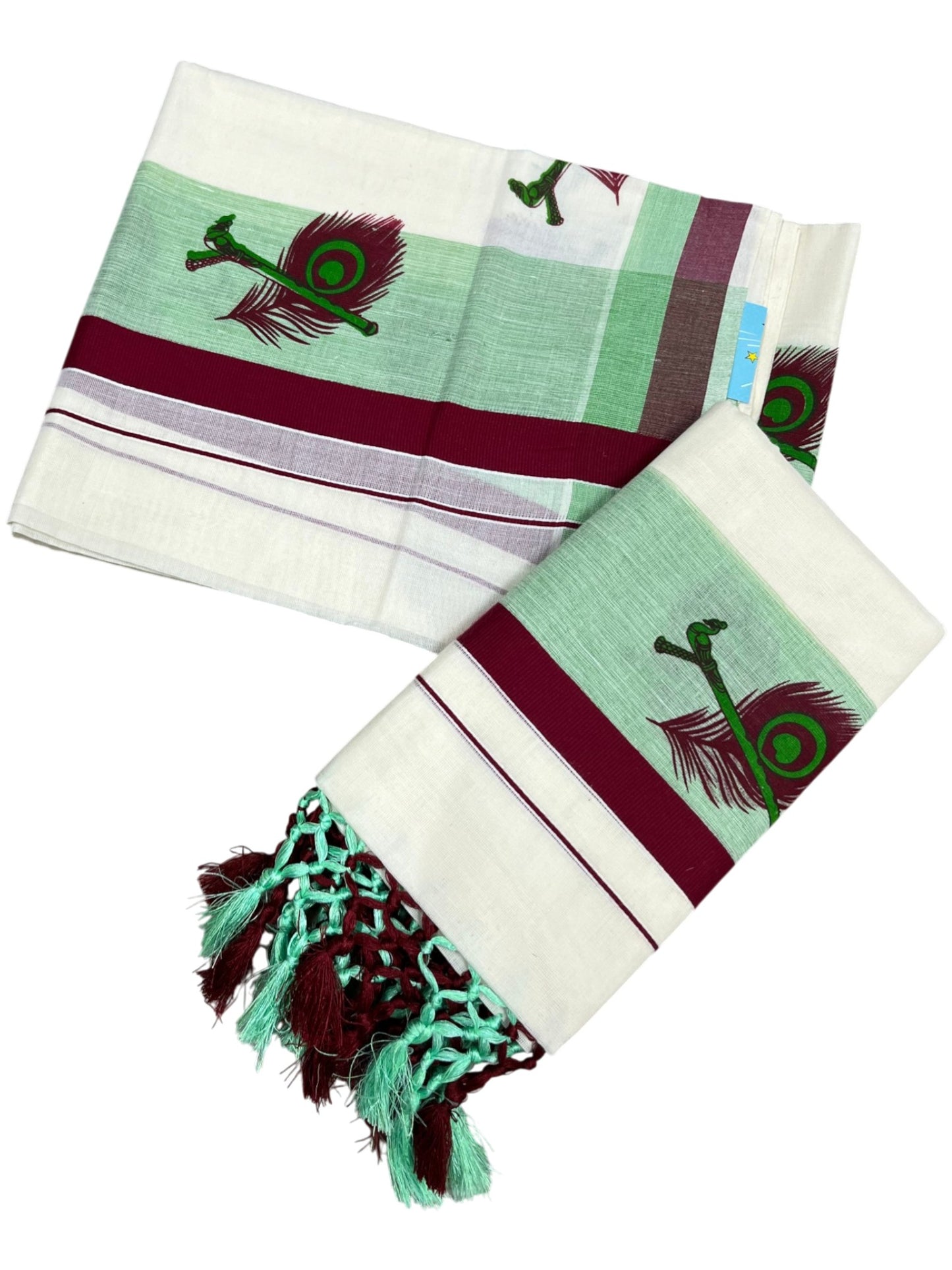 Southloom Cotton Single Set Mundu (Mundu Neriyathum) With Mural Print Green And Maroon Border Kasavu in 2.80 Mtrs With Tussles