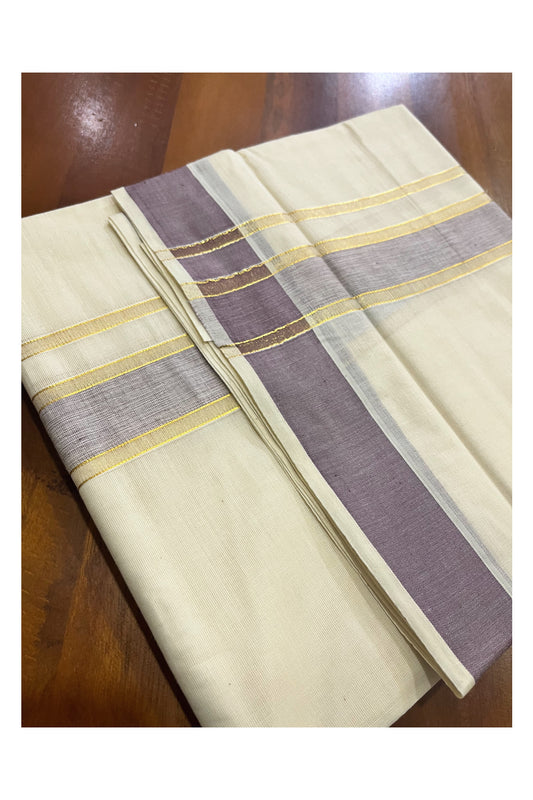 Off White Kerala Cotton Double Mundu with Kasavu and Light Violet Border (South Indian Kerala Dhoti)