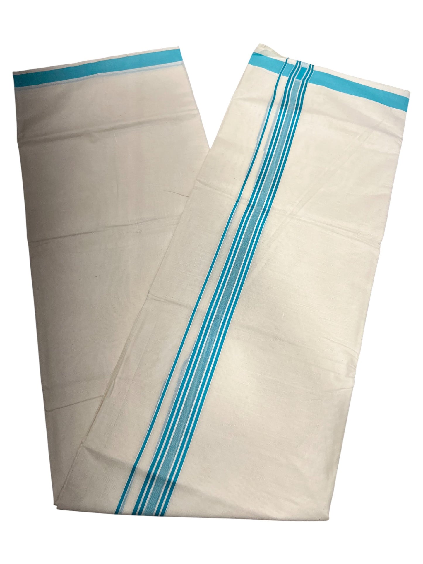 Southloom Pure Cotton Double Mundu With White Lines & Blue Border (South Indian Kerala Dhoti)