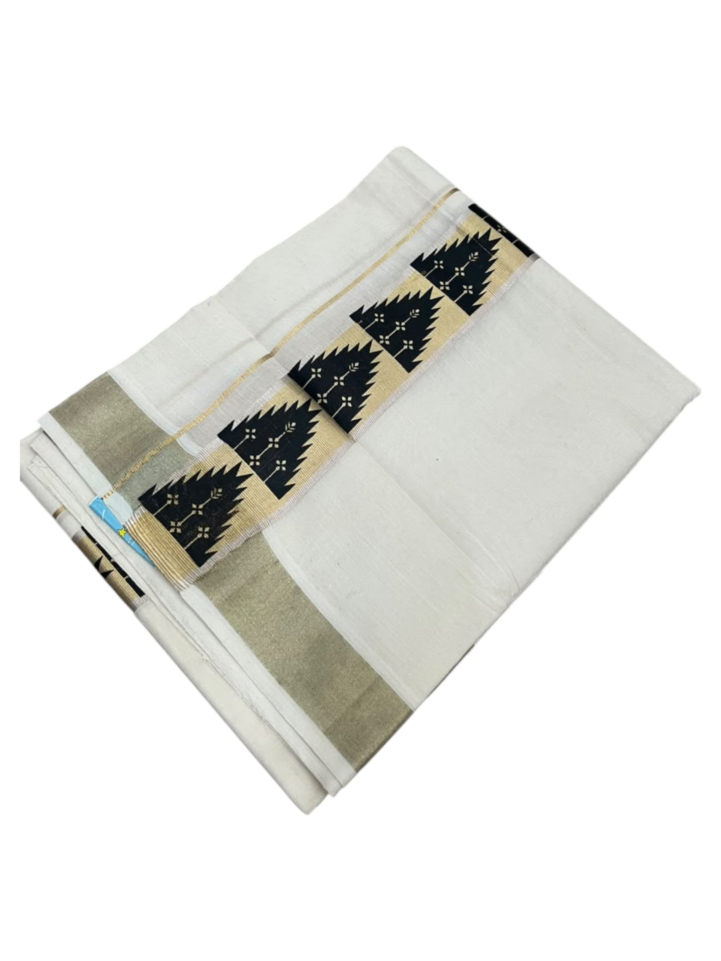 southloom Pure Cotton Double Mundu with Block Prints on Black Border (South Indian Dhoti)SL613