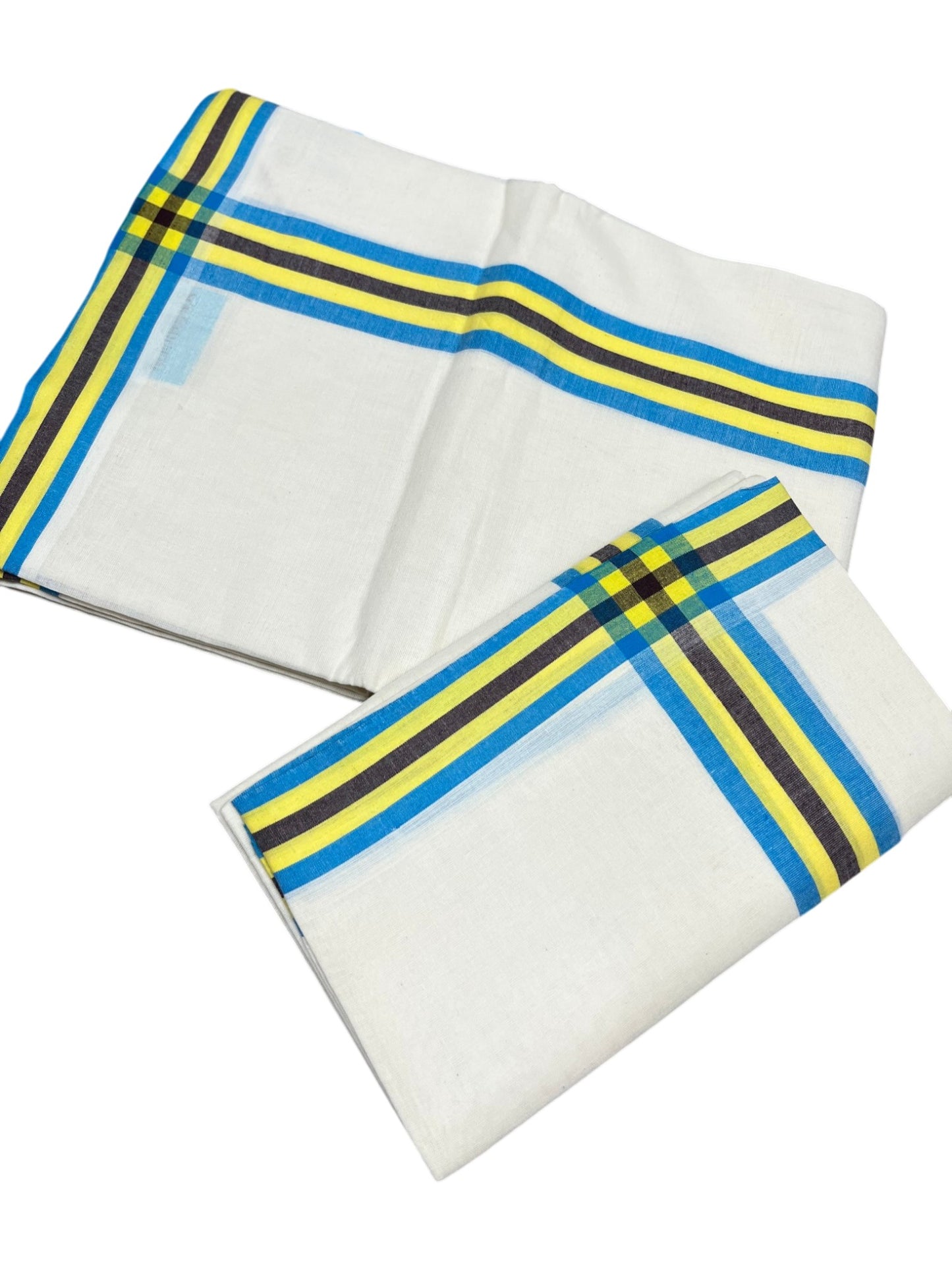 Southloom Pure Cotton Kerala Single Mulloth Set Mundu (Mundum Neriyathum) Blue & Yellow Border in 2.50 mtrs SL243