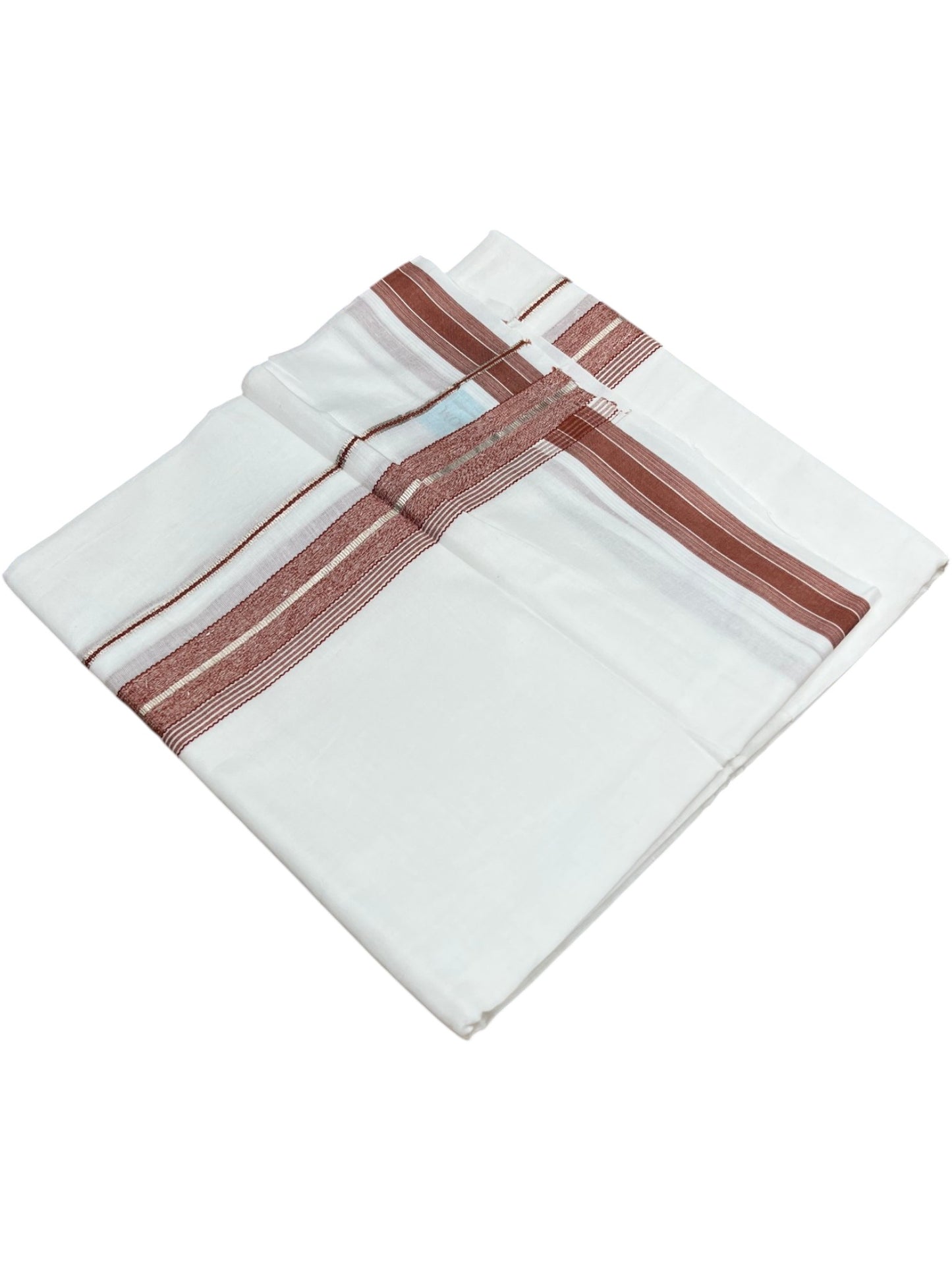 Southloom Kerala Pure White Cotton Double Mundu with Silver Line & Brick Red Border (South Indian Dhoti)