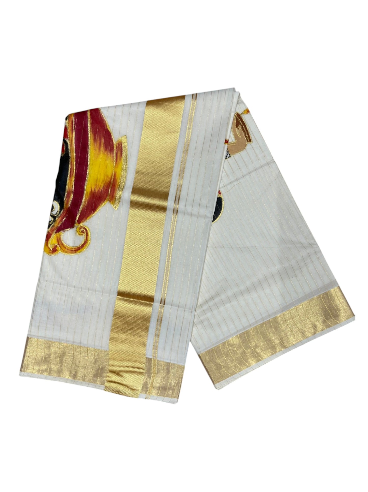 Southloom Kerala Cotton Kasavu Line Saree with Hand Painted & Embroidery Design