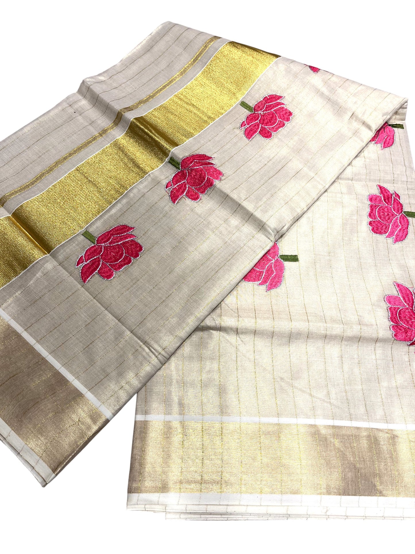 Southloom Tissue Kerala Kasavu Saree with Lotus Embroidery Design