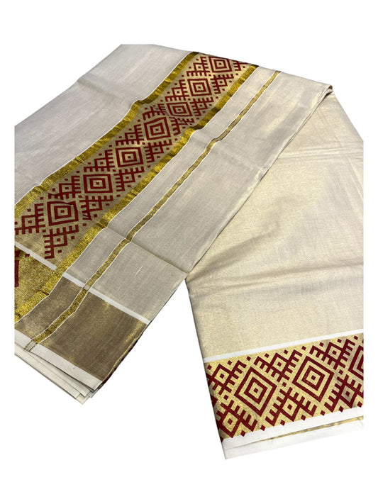 Southloom Kerala Tissue Kasavu Plain Saree  Maroon Hand Printed