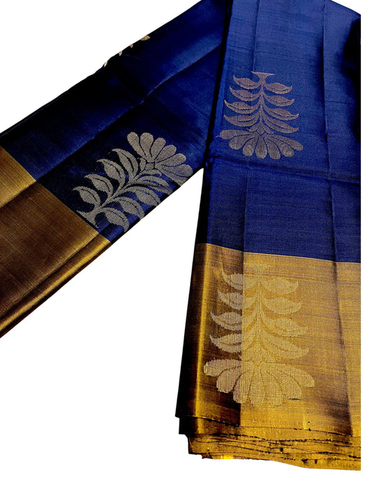 Southloom Pure Handloom Kanchipuram Silk Saree with Butta Work (Blue & Golden)