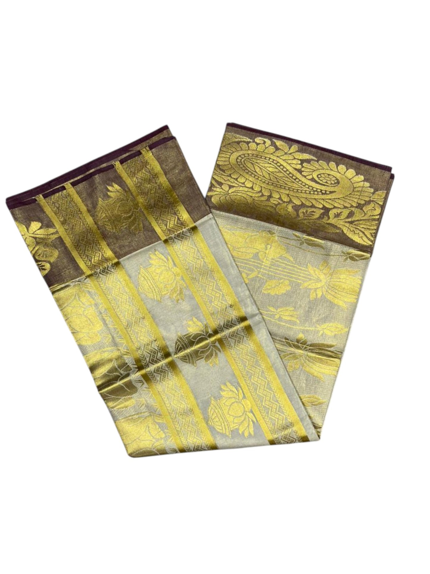 Southloom  Kerala Tissue Kasavu Heavy Work Saree with Nandhi Design And Purple Border SL483