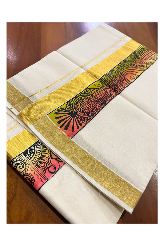 Pure Cotton Kerala Double Mundu with Hand Painted Designs on Kasavu Border (Vishu Collection 2024)