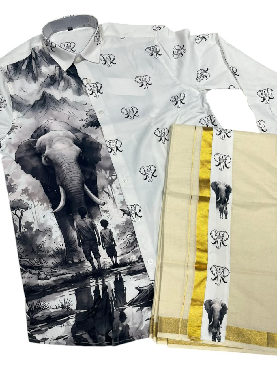 Southloom Premium Satin Elephant Digital Print Design Men's Combo  (Shirt + Mundu) SL576
